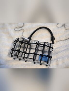 42 Gold Clear Cage Mini Clutch Bag Black Leather Grid Rope Knot Moto Modern NWT